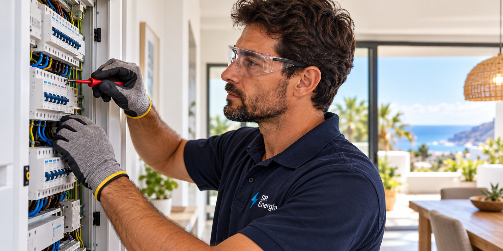 Técnico de SR Energía realizando trabajos de revisión y adecuación de una instalación eléctrica doméstica.