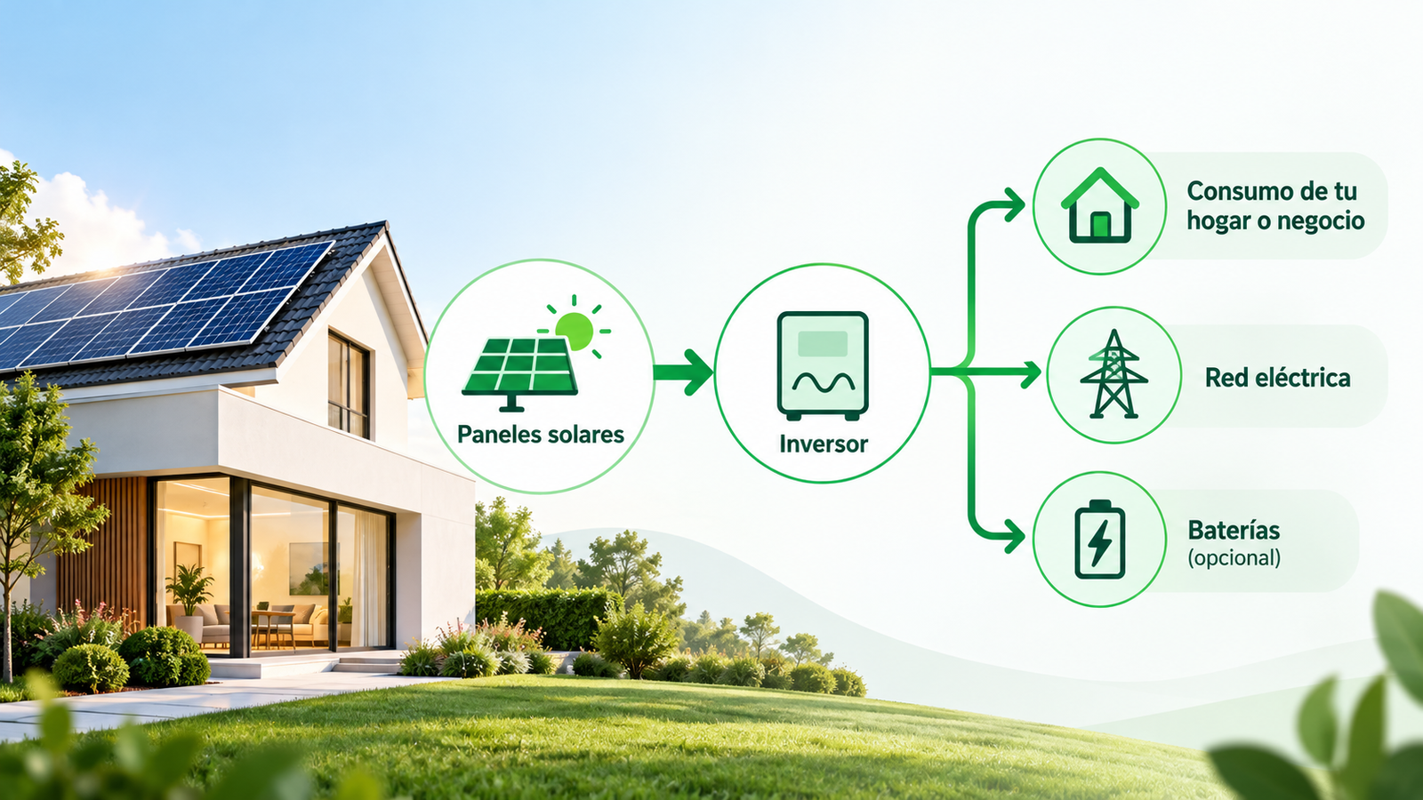 Esquema ilustrativo de una instalación fotovoltaica: paneles solares, inversor, consumo del inmueble, conexión a red y baterías opcionales.