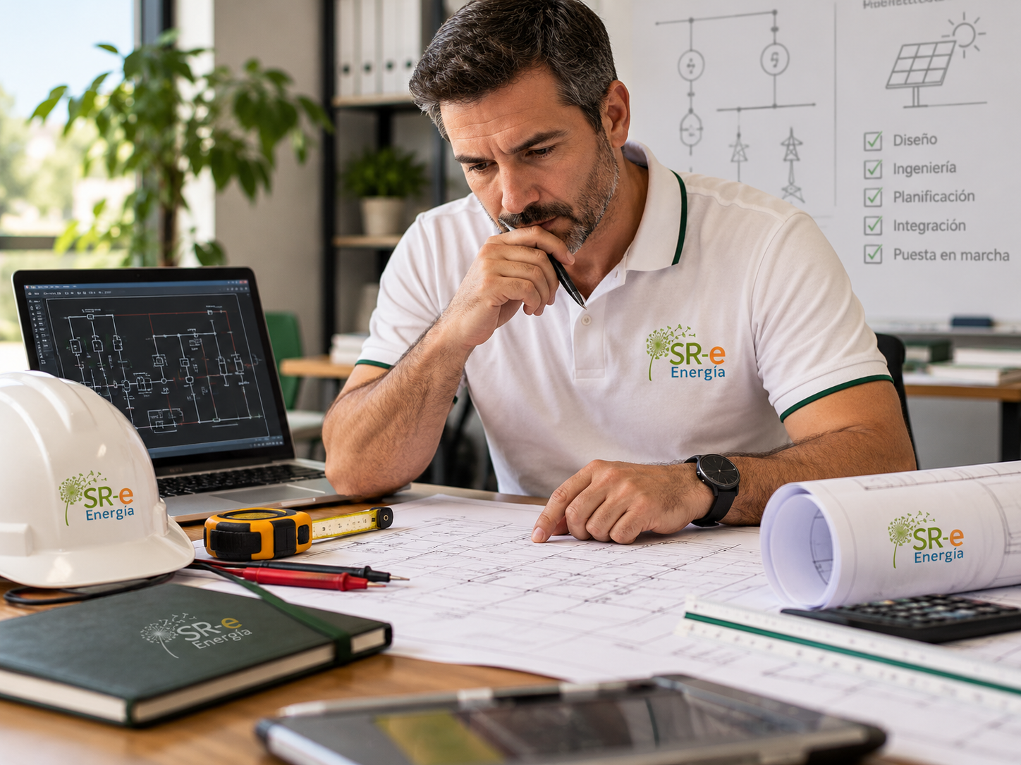 Profesional de ingeniería estudiando planos y documentación técnica de un proyecto eléctrico.