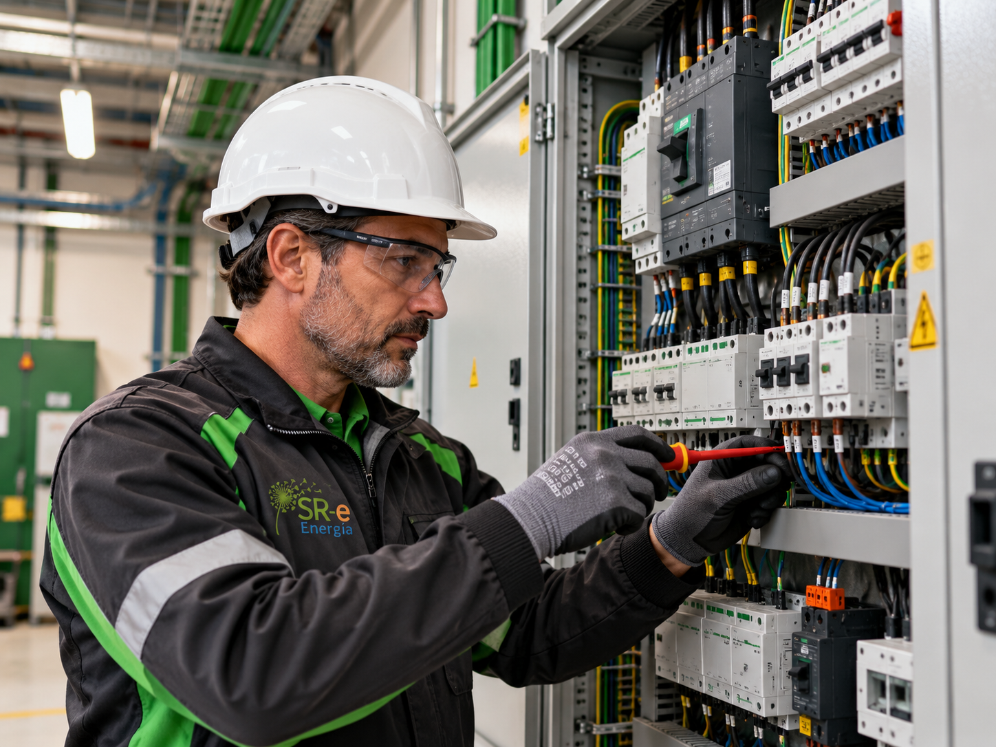Técnico realizando trabajos en un cuadro eléctrico de distribución industrial dentro de una nave.