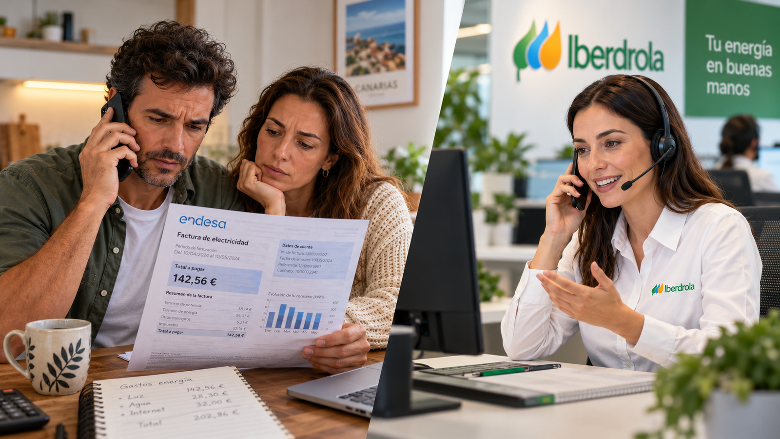 Pareja preocupada que revisa una factura eléctrica mientras consulta por teléfono con una asesora de Iberdrola.