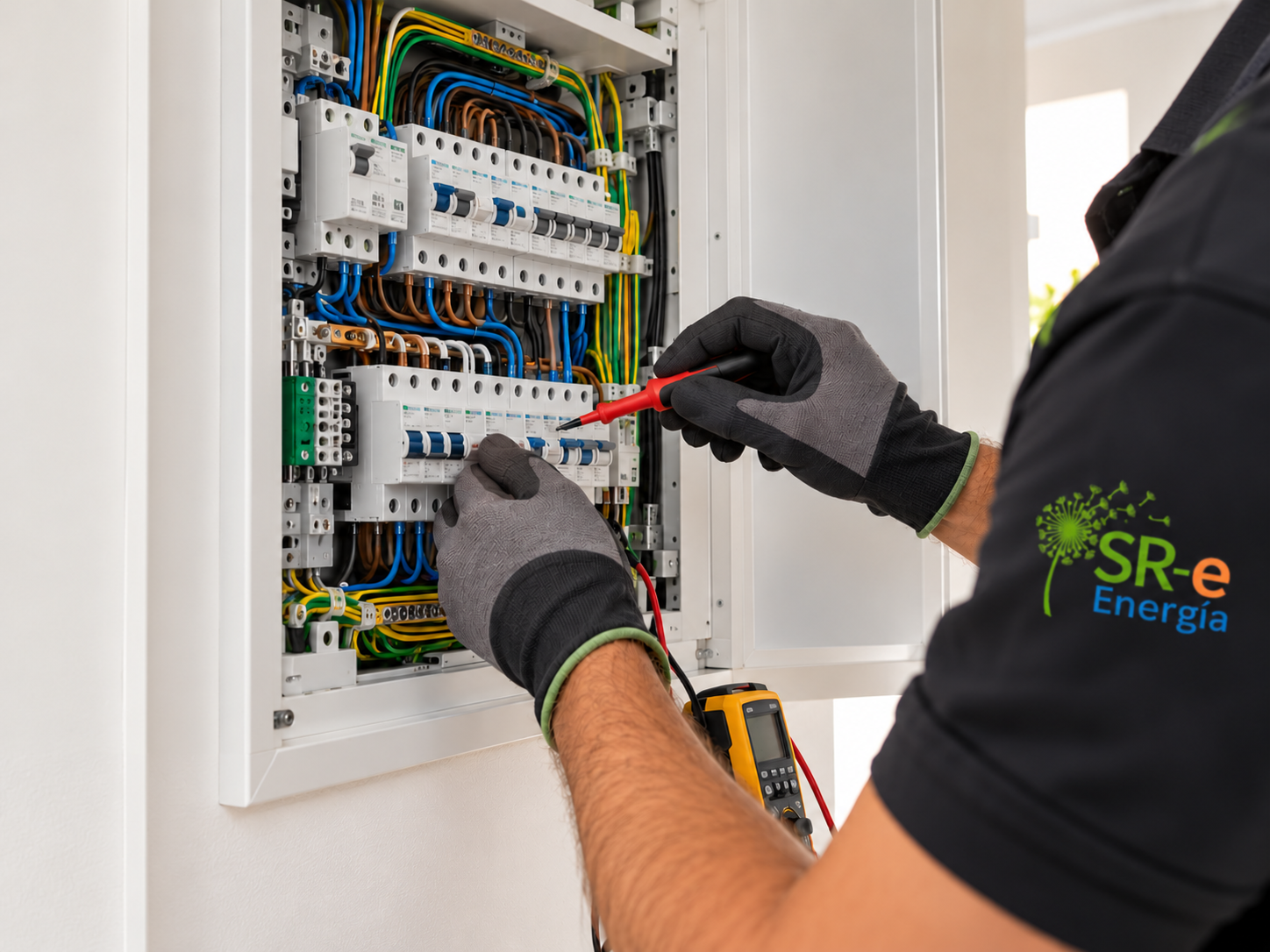 Técnico de SR Energía revisando y comprobando un cuadro de distribución eléctrica.