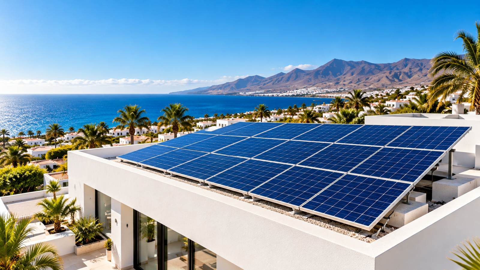 Paneles solares fotovoltaicos instalados sobre la cubierta de una vivienda en Canarias