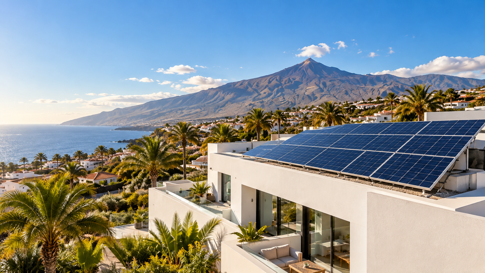 Vivienda en Canarias con instalación de paneles solares fotovoltaicos y vistas al Teide