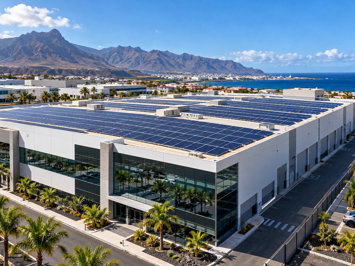 Instalación de paneles solares en la cubierta de una nave industrial