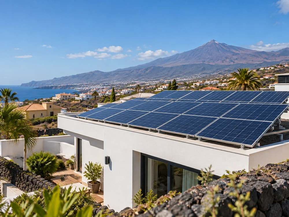 Paneles solares en una vivienda de arquitectura canaria