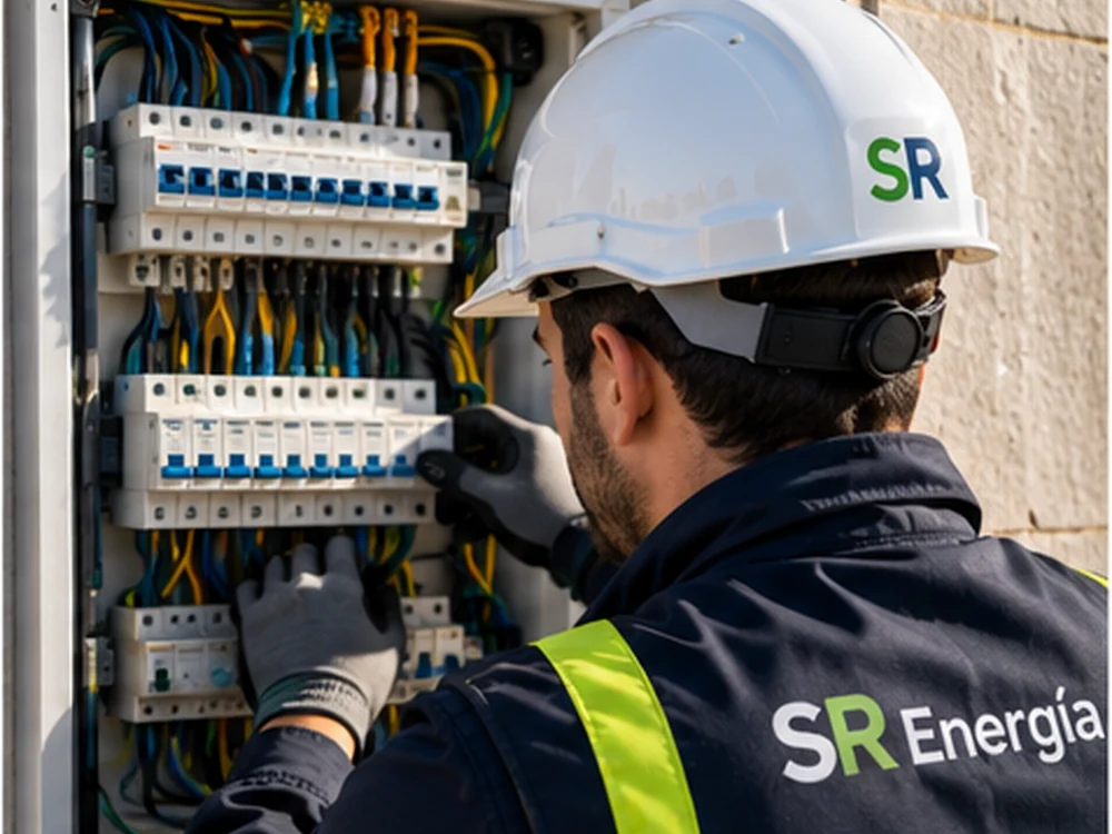 Técnico trabajando en un cuadro de distribución eléctrica